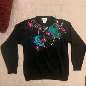 Black Sequined Sweater with Blue Green Butterfly Debut